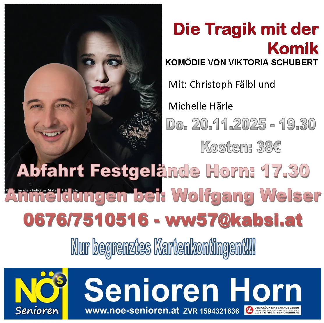 Werbeposter für eine Comedy-Veranstaltung mit Christoph Fälbl und Michelle Härle. Die Veranstaltung mit dem Titel 'Die Tragik mit der Komik' von Viktoria Schubert findet am 20. November 2025 um 19:30 Uhr statt und kostet 38€.