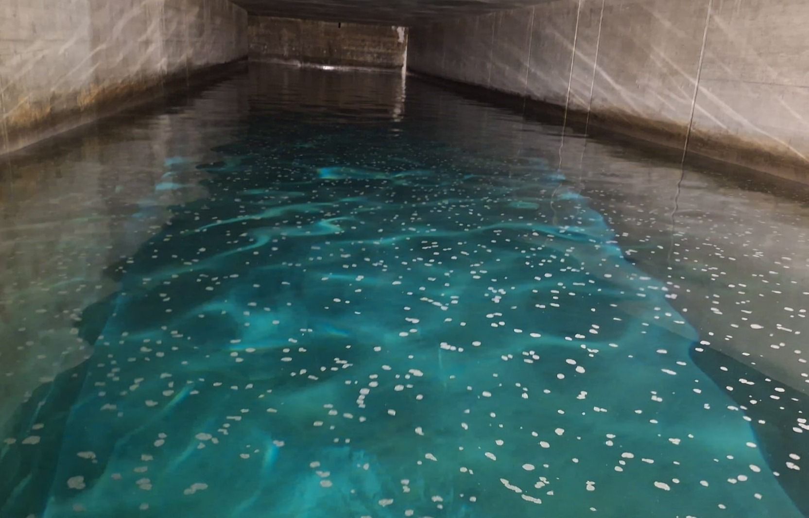 Ein Tunnel gefüllt mit Wasser, beleuchtet von einem hellen Licht, zeigt eine klare blaue Wasseroberfläche mit weißen Blasen, die darauf schwimmen.