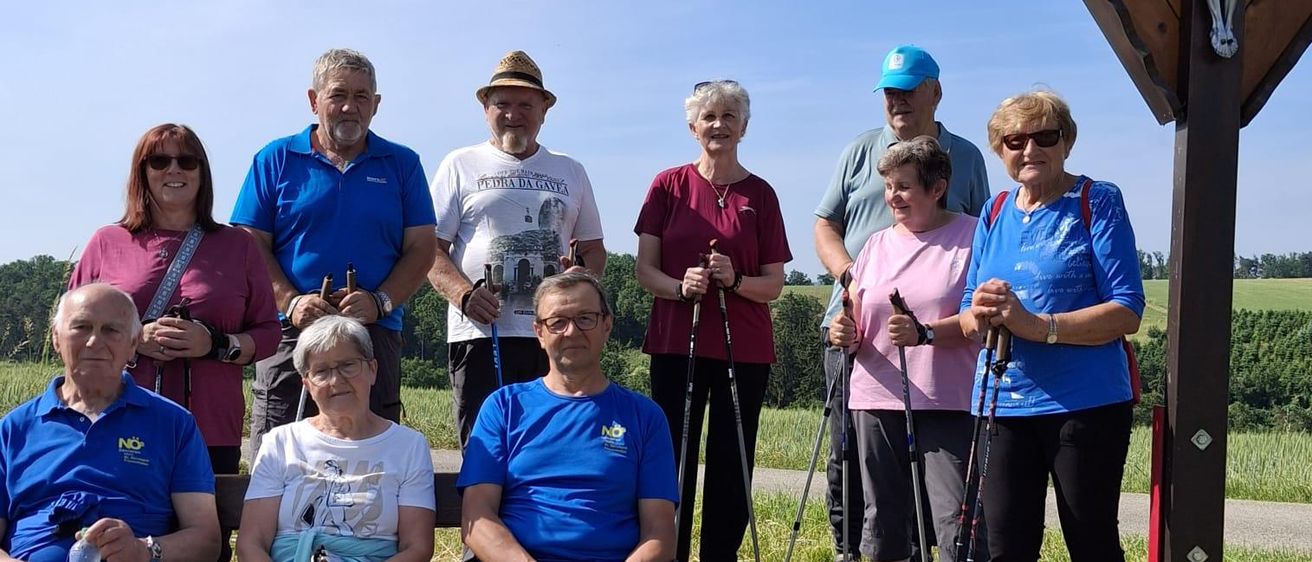 Eine Gruppe älterer Personen macht eine Pause vom Wandern, sitzt mit Wanderstöcken auf einer Bank, unter einem klaren blauen Himmel.