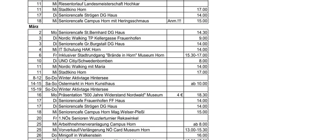 Das Bild ist eine Tabelle mit zwei Spalten. Die linke Spalte listet verschiedene Aktivitäten und ihre zugeordneten Daten auf, während die rechte Spalte die entsprechenden Kosten angibt. Die Aktivitäten reichen von Winteraktivitäten, Nordic Walking und Museumsbesuchen.