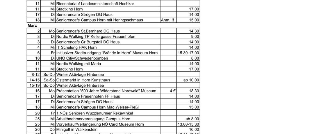 Das Bild ist eine Tabelle mit zwei Spalten. Die linke Spalte listet verschiedene Aktivitäten und ihre zugeordneten Daten auf, während die rechte Spalte die entsprechenden Kosten angibt. Die Aktivitäten reichen von Winteraktivitäten, Nordic Walking und Museumsbesuchen.