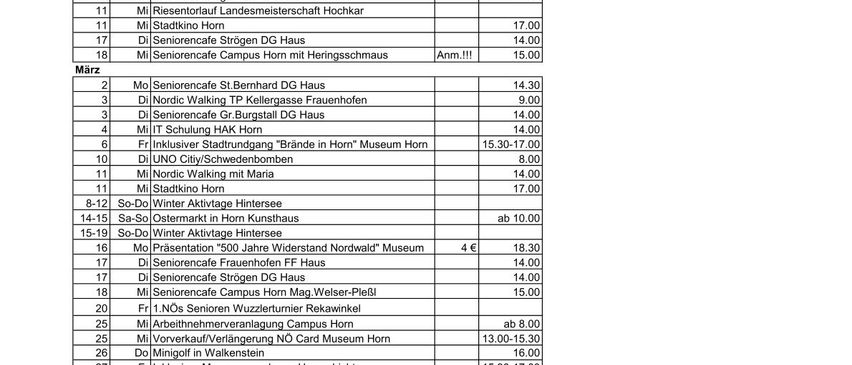 Das Bild ist eine Tabelle mit zwei Spalten. Die linke Spalte listet verschiedene Aktivitäten und ihre zugeordneten Daten auf, während die rechte Spalte die entsprechenden Kosten angibt. Die Aktivitäten reichen von Winteraktivitäten, Nordic Walking und Museumsbesuchen.