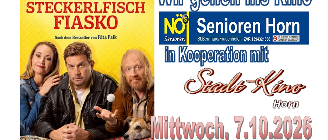 Poster für die deutsche Komödie 'Stecherfischfiasko' mit drei Schauspielern und einem Hund, auf einem rot-weiß karierten Tischtuch. Der Plakat enthält ein Kinostartdatum vom 7. Oktober 2026 und eine Zeit von 17 Uhr. Das Plakat enthält auch einen Handlungsaufruf zum Kauf von Tickets im Stadtkino Horn.