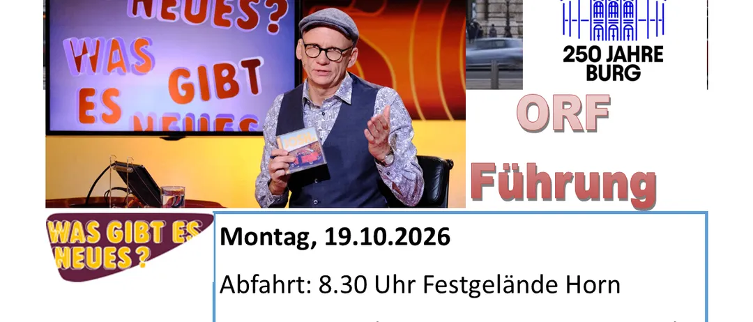 Ein Plakat für eine geführte Tour durch das Burgtheater in Wien, mit einem Mann, der ein Buch hält, und einem Logo für ORF.
