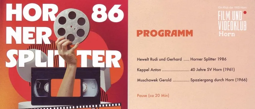 Ein Plakat für den Film- und Videoclub Horn, mit einer Hand, die ein Filmband hält, und einer Liste von Filmen, die am 22. Oktober 2026 gezeigt werden sollen.