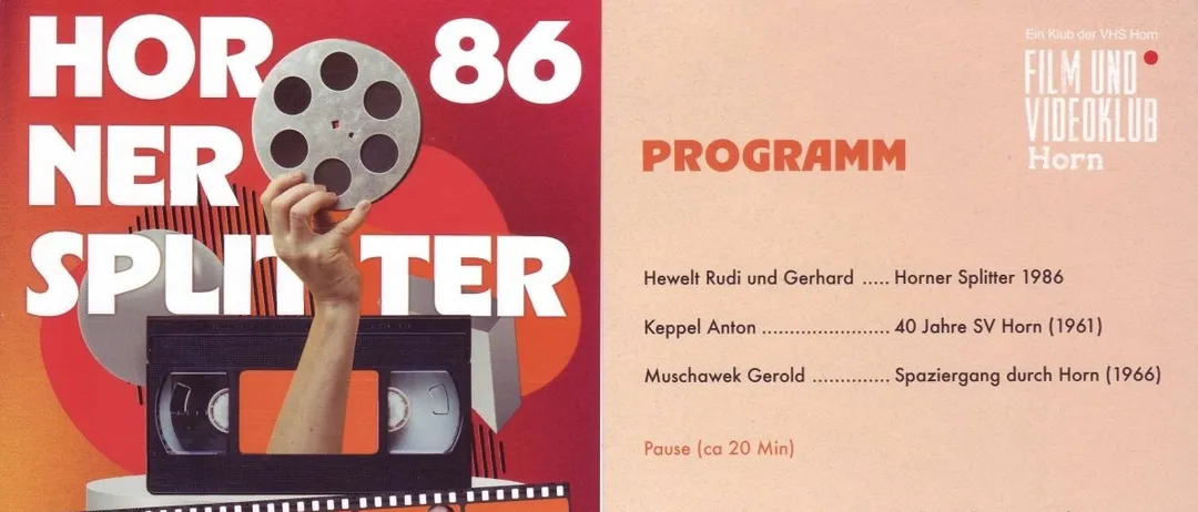 Ein Plakat für den Film- und Videoclub Horn, mit einer Hand, die ein Filmband hält, und einer Liste von Filmen, die am 22. Oktober 2026 gezeigt werden sollen.