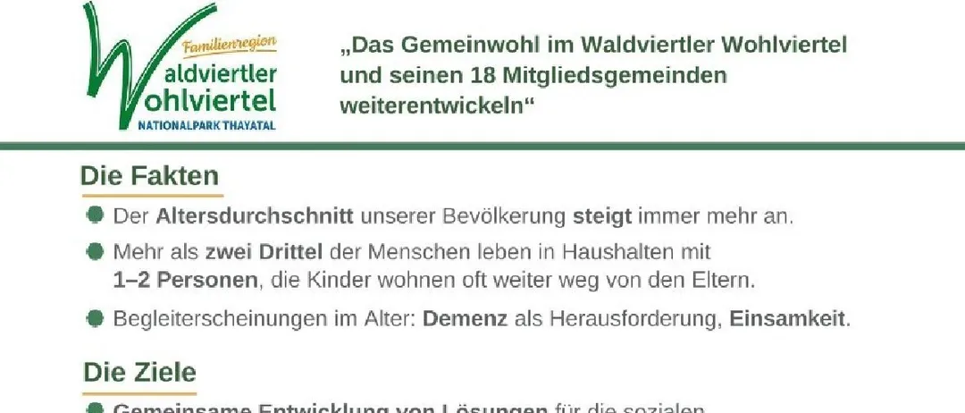 Ein Plakat mit Text und einem Bild von Menschen vor einem Gebäude. Der Text befasst sich mit der alternden Bevölkerung und der Notwendigkeit von Gemeinschaftslösungen.