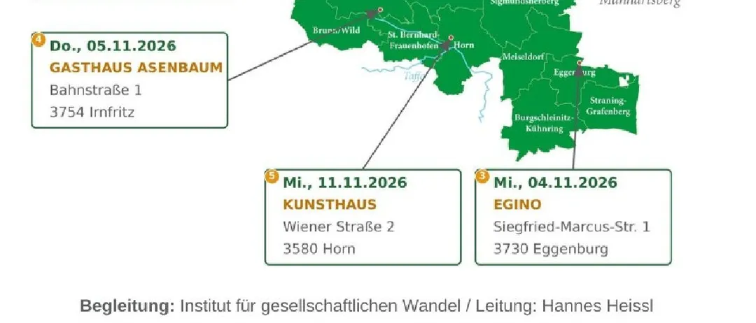 Ein Infografik, das eine Karte einer Region zeigt, mit fünf aufgelisteten Veranstaltungen, jede mit Datum, Ort und Zeit.