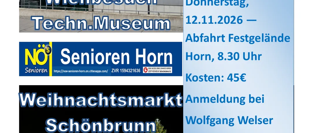 Eine Werbung für einen Besuch des Technischen Museums in Wien, mit einem großen weißen Gebäude mit Kuppeldach und Säulen, und einem geschmückten Weihnachtsbaum im Vordergrund.