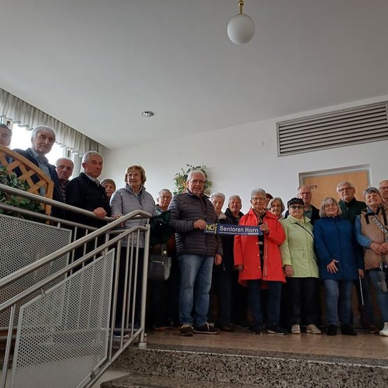 Eine Gruppe älterer Menschen steht auf einer Treppe, einer hält ein blaues Schild mit der Aufschrift Senioren Horn. Sie tragen Winterkleidung und stehen neben einem Geländer.