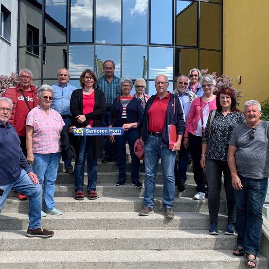Eine Gruppe von Erwachsenen, sowohl Männer als auch Frauen, stehen auf einer Treppe vor einem Gebäude mit einem Schild, das Senioren Horn besagt.
