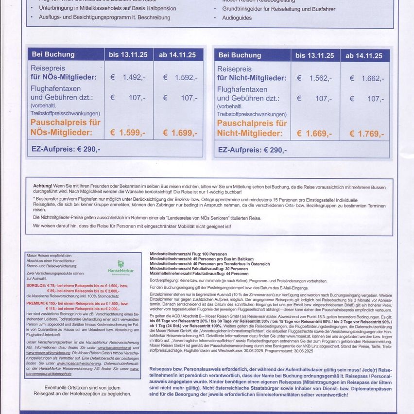 Ein Dokument enthält Buchungsdetails und Preise für eine Gruppenreise. Es beinhaltet Flugpreise, Gebühren und Rabatte für Gruppenmitglieder. Es bietet auch Informationen zu Mahlzeitenzulagen, Audioguides und der Notwendigkeit, für Gruppenreisen im Voraus zu buchen.