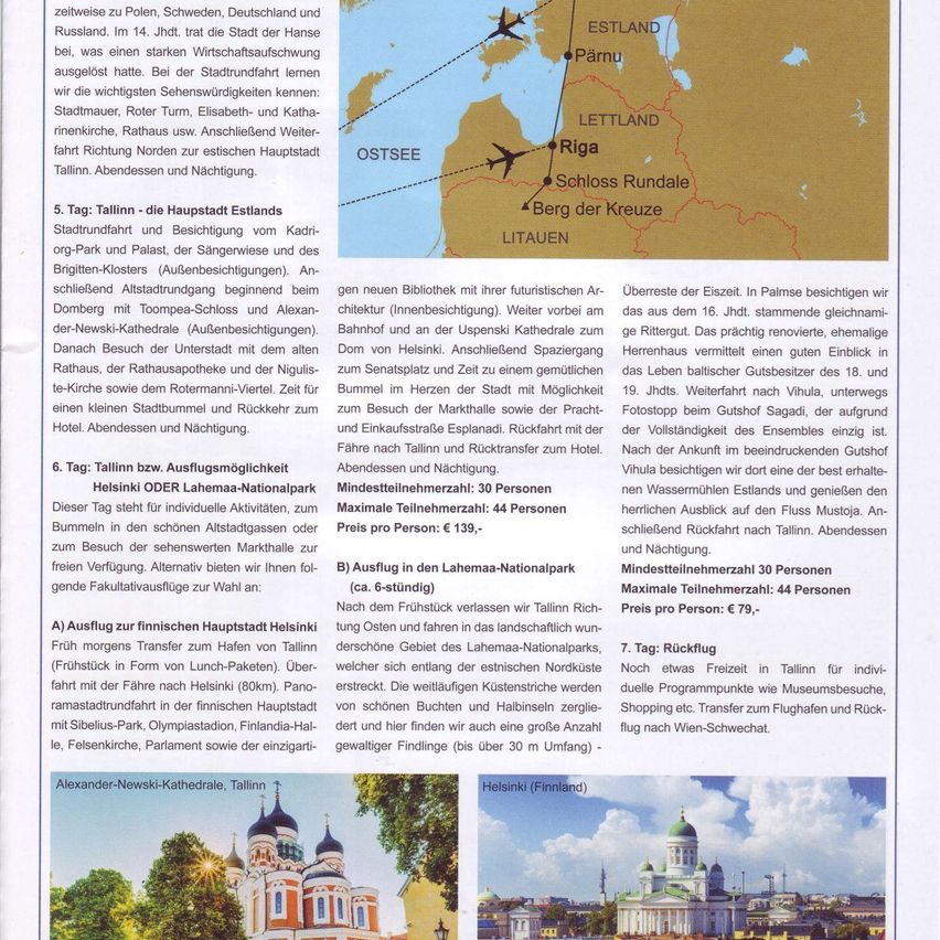 Das Bild zeigt ein Reiseprogramm für einen Ausflug nach Tallinn, Estland, mit Details zu Besichtigungen, Transport und Aktivitäten. Es enthält eine Karte der Region, Informationen über einen Besuch der Alexander-Newski-Kathedrale und Details über eine geführte Tour durch den Lahemaa-Nationalpark.