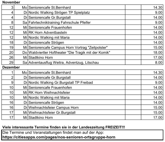 Das Bild zeigt einen Zeitplan für November und Dezember mit verschiedenen Aktivitäten, die zusammen mit ihren Daten, Zeiten und Orten aufgeführt sind. Zu den Aktivitäten gehören Seniorencace, Nordic Walking, Fahrtechniktraining und mehr. Die Zeiten sind im 24-Stunden-Format angegeben.