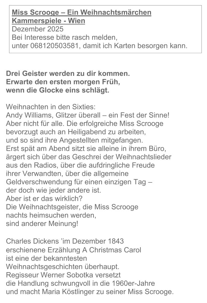 Der Text beschreibt Charles Dickens' klassische Erzählung A Christmas Carol, die im Dezember 1843 veröffentlicht wurde. Es geht um den Weihnachtsgeist in den 1960er Jahren, veranschaulicht durch Andy Williams' Musik. Außerdem erzählt es die Geschichte von Miss Scrooge, die an Heiligabend arbeitet und über die wahre Bedeutung des Feiertags nachdenkt.