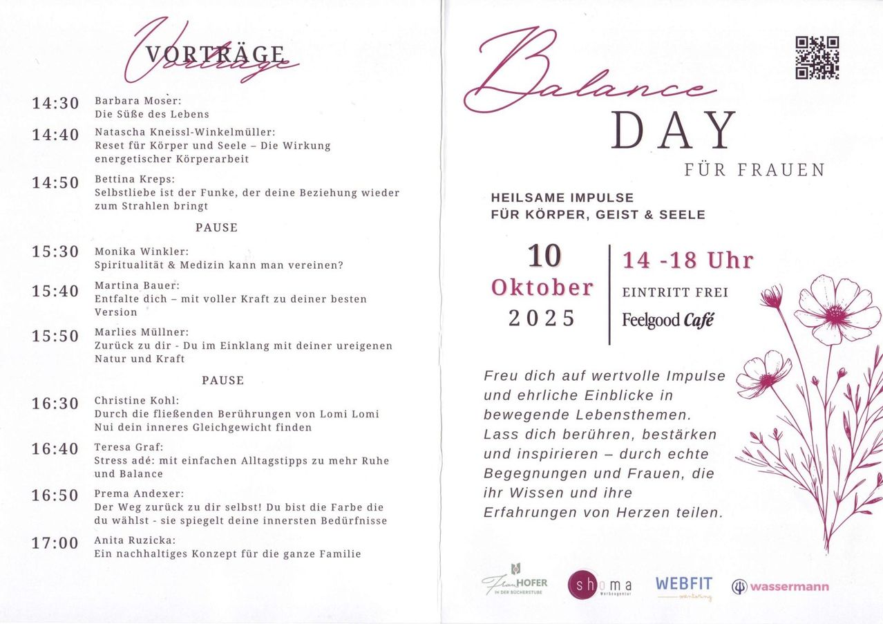 Veranstaltungsflyer für den Balance Day am 10. Oktober 2025 mit Vorträgen verschiedener Redner zu Themen wie Körper- und Seelenbalance, ganzheitliche Familienpflege und mehr. Die Veranstaltung ist kostenlos und findet im Feelgood Café statt.