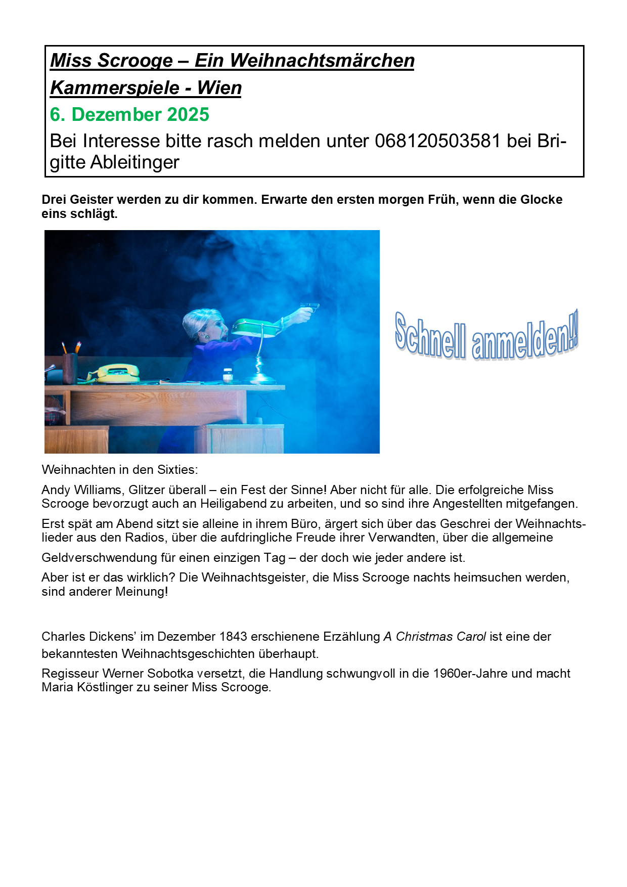 Eine Werbung für eine Weihnachtsaufführung mit einer Person, die eine Lampe hält. Es lädt zur Anmeldung für eine Feiertagsshow mit drei Geistern ein. Es erzählt von einer Weihnachtserzählung.