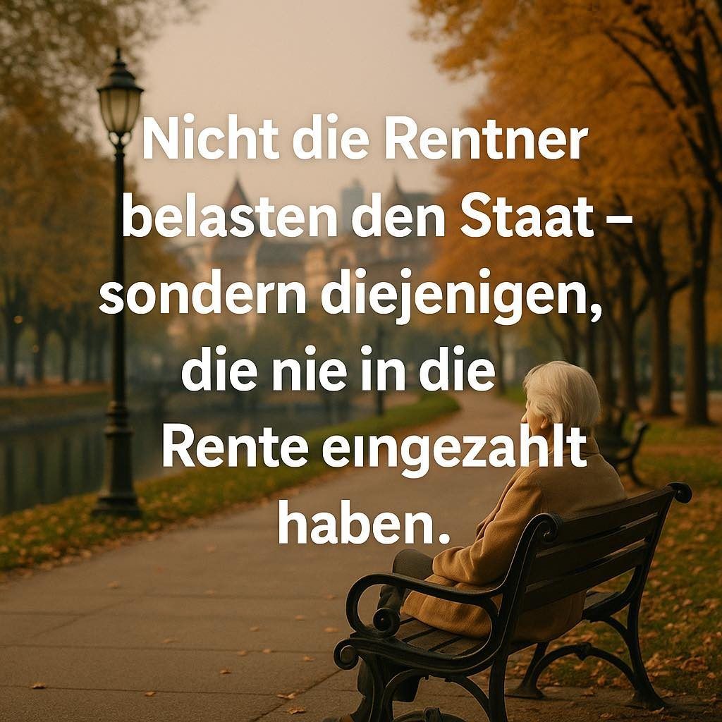 Eine ältere Frau sitzt auf einer Parkbank in einem Park mit Herbstbäumen. Ein Zitat lautet: 'Nicht die Rentner belasten den Staat, sondern diejenigen, die nie in die Rente eingezahlt haben.'