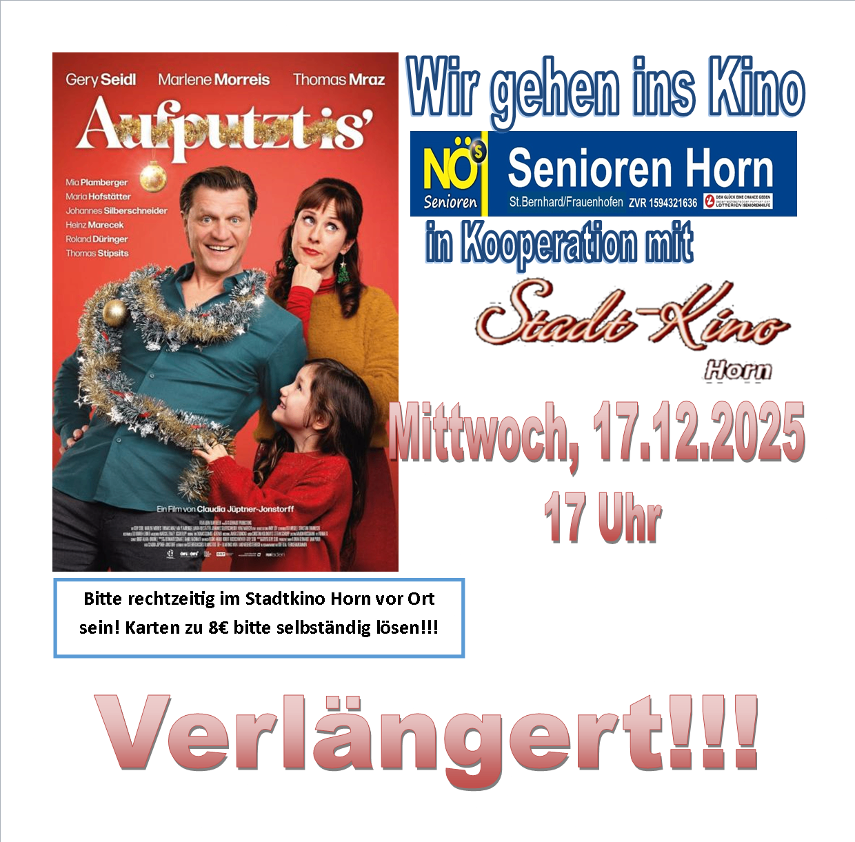 Filmplakat für den Film 'Aufputtzis' mit einer Familie in festlicher Kleidung. Der Film ist in Kooperation mit Senioren Horn. Die Vorführung ist am Mittwoch, 17. Dezember 2025 um 17 Uhr. Tickets sind im Stadtkino Horn erhältlich.