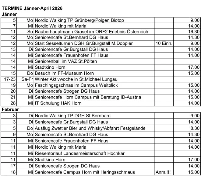 Das Bild ist eine Tabelle, die verschiedene Aktivitäten von Januar bis April 2026 auflistet. Zu den Aktivitäten gehören Nordic Walking, Seniorencafés und Bildungsveranstaltungen. Jeder Eintrag gibt Datum, Tag, Aktivität und Kosten an.
