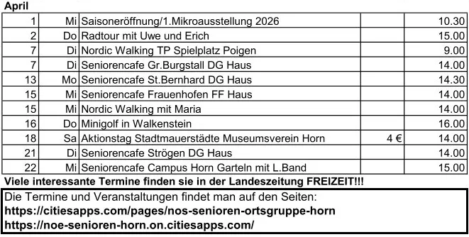 Ein Zeitplan für verschiedene Veranstaltungen und Aktivitäten im April umfasst eine Saisoneröffnung, Nordic Walking, Minigolf und mehrere Seniorencafés. Die Preise reichen von kostenlos bis 16 Euro. Weitere Informationen finden Sie auf den angegebenen Websites.