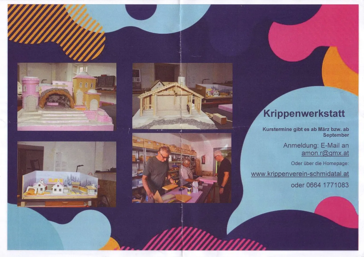 Eine Collage von Bildern, die verschiedene Kunstwerke und Menschen bei der Arbeit in einem Studio zeigt. Oben links ist ein rosa und weißes Modell eines Gebäudes zu sehen. Oben rechts zeigt ein hölzerne Modell eines Hauses. Unten links ist ein Modell eines Dorfes zu sehen. Unten rechts arbeiten zwei Männer in einem Studio.