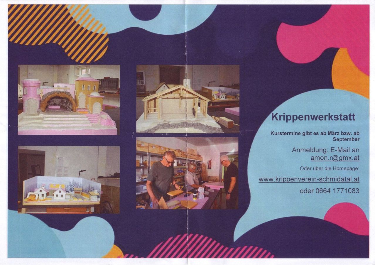 Eine Collage von Bildern, die verschiedene Kunstwerke und Menschen bei der Arbeit in einem Studio zeigt. Oben links ist ein rosa und weißes Modell eines Gebäudes zu sehen. Oben rechts zeigt ein hölzerne Modell eines Hauses. Unten links ist ein Modell eines Dorfes zu sehen. Unten rechts arbeiten zwei Männer in einem Studio.