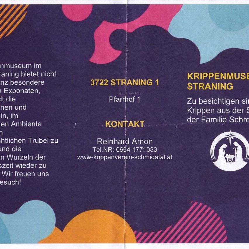 Postkarte mit einem Krippenmuseum, das Besucher einlädt, eine ruhige Atmosphäre zu genießen, Frieden zu finden und die Wurzeln der Familie wiederzuentdecken. Kontaktieren Sie Reinhard Amon, Tel. Nr.: 0664 1771083, und besuchen Sie www.krippenverein-schmidatal.at.
