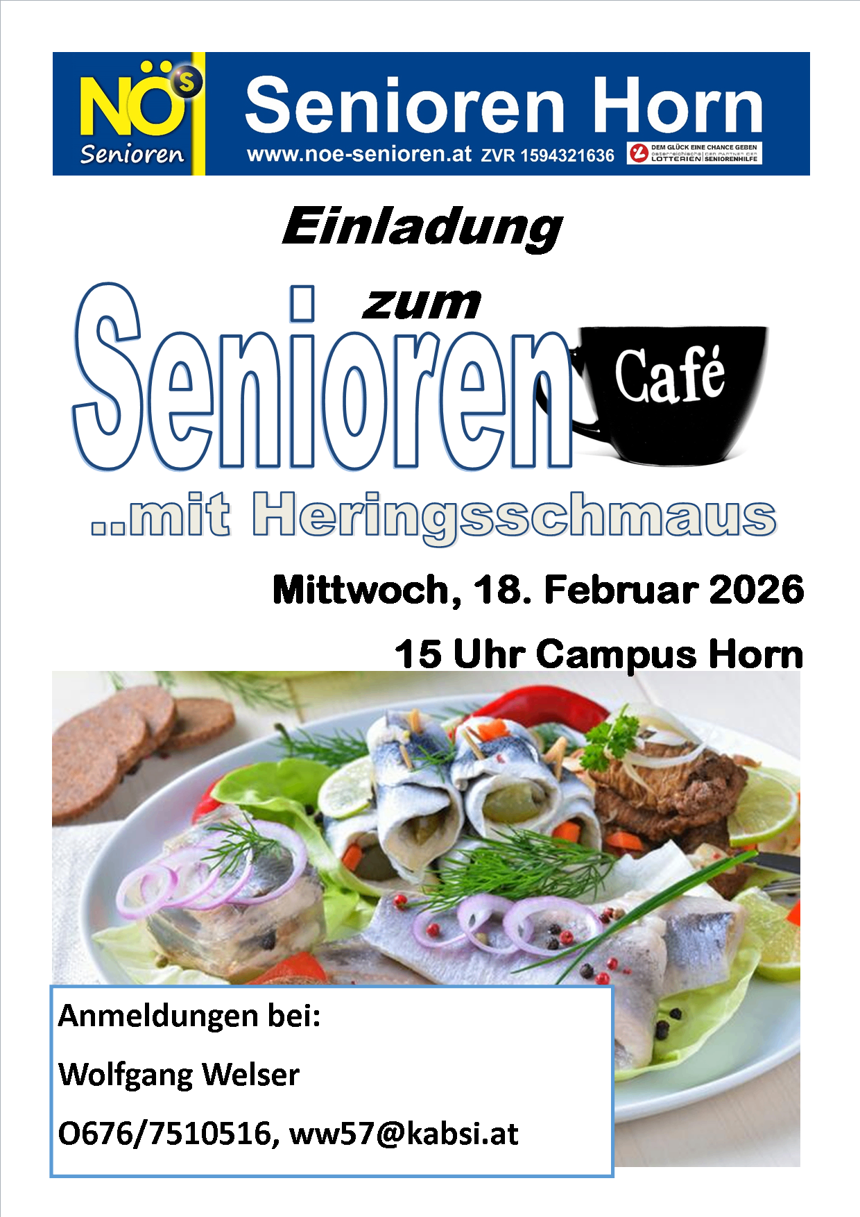 Einladung zum Senioren-Café mit Heringsschmaus. Datum: Mittwoch, 18. Februar 2026, 15 Uhr, Campus Horn. Bild zeigt eine Platte mit Hering, Gemüse und Brot.