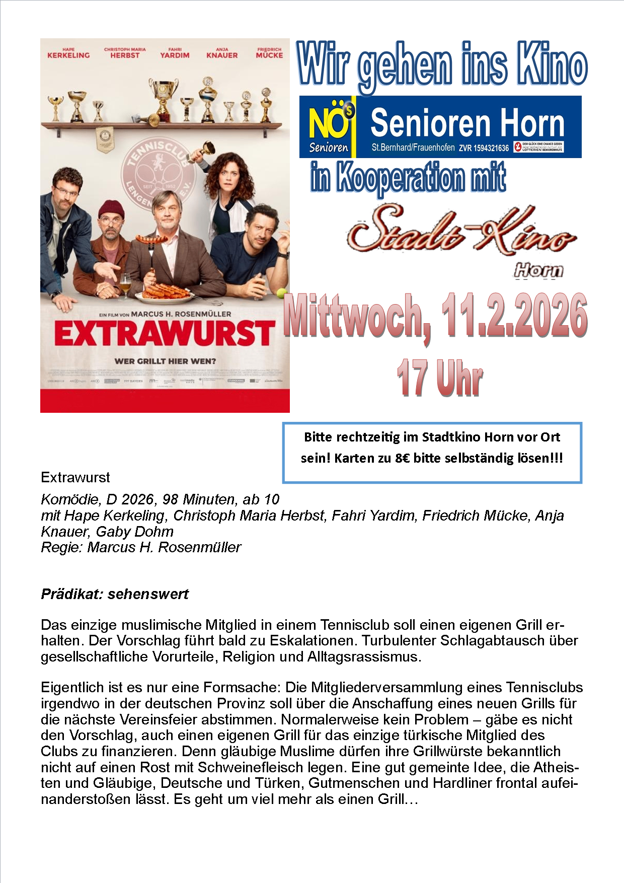 Filmplakat für 'Extrawurst' zeigt vier Männer. Der Termin ist Mittwoch, 11. Februar 2026, um 17:00 Uhr. Tickets erhältlich im Stadtkino Horn. Komödie, 98 Minuten, ab 10 Jahren. Mit Schauspielern wie Hape Kerkeling.