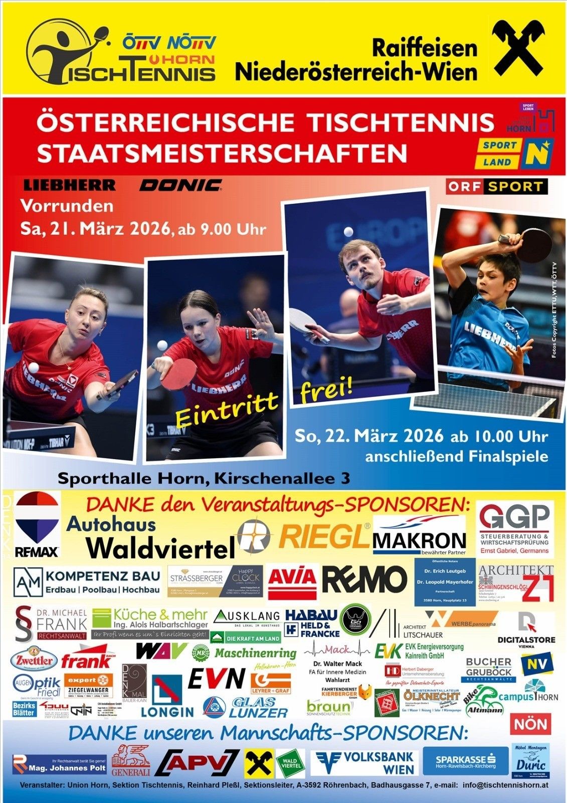 Poster für die Österreichische Tischtennis-Staatsmeisterschaften. Es zeigt ein Foto von drei Spielern in Aktion, die Termine und den Veranstaltungsort sowie eine Liste der Sponsoren. Die Veranstaltung findet am Samstag, den 21. März 2026, ab 9:00 Uhr statt.