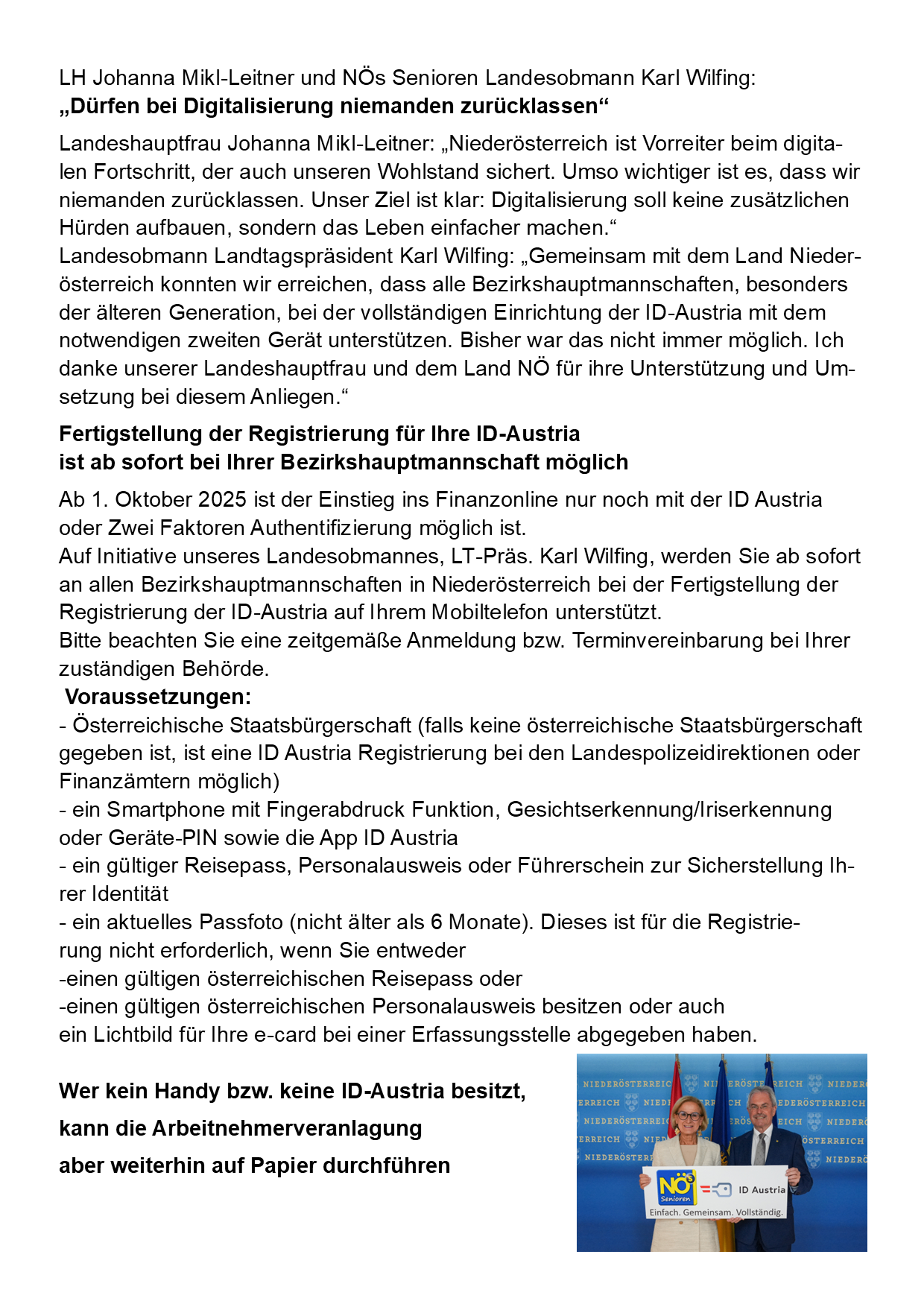 Das Bild bespricht die digitale Implementierung der ID-Austria-Registrierung und betont die Leichtigkeit des Prozesses und die Unterstützung durch Bezirkshauptmannschaften. Es hebt die Anforderungen und den Zeitplan für die Registrierung hervor.