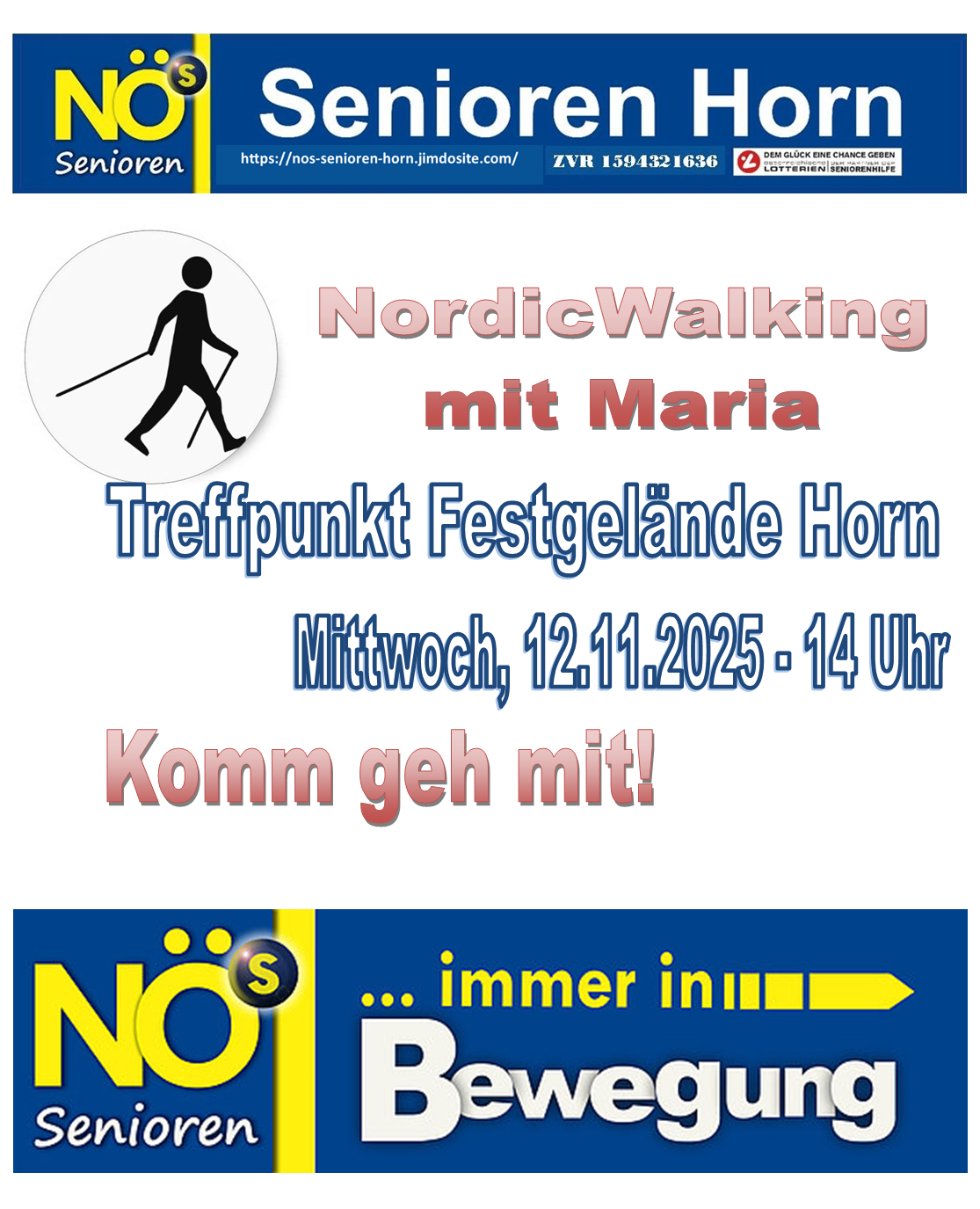 Plakat für Nordic Walking-Event mit Maria, Treffpunkt Festgelände Horn am Mittwoch, 12.11.2025, um 14 Uhr. Komm mit!