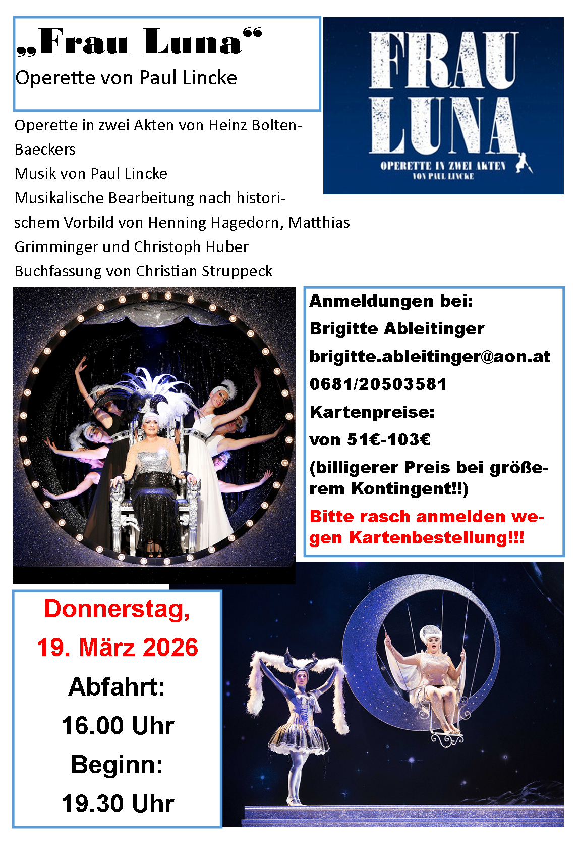 Ein Plakat bewirbt eine Veranstaltung am 19. März 2026. Es zeigt eine Bühne mit einer Performerin, die in einem Stuhl mit Scheinwerfer darüber sitzt. Ein kleinerer Textüberlagerung lautet 'Donnerstag, 19. März 2026 Abfahrt:'. Rechts sind eine Kontakt-E-Mail und Telefonnummer für die Anmeldung angegeben.