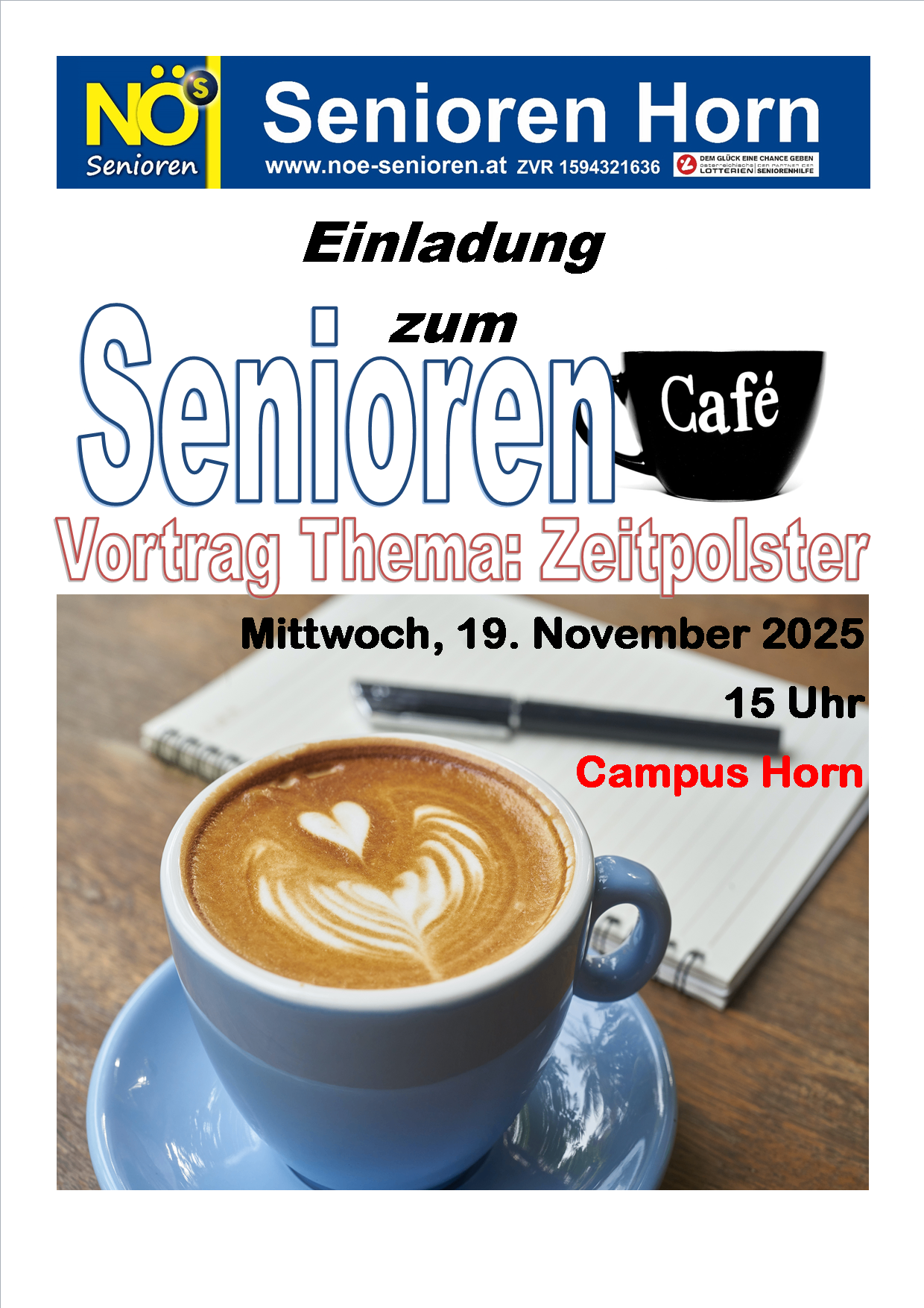 Eine Einladung zum Seniorencafé. Vortragsthema: Zeitposter. Mittwoch, 19. November 2025, 15 Uhr, Campus Horn. Eine Tasse Kaffee mit Herzdesign auf einer Untertasse.