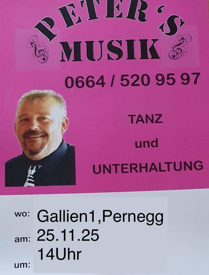 Ein rosafarbener Flyer mit dem Foto eines Mannes, der Musik, Tanz und Unterhaltung von einem Mann namens Gallien ankündigt. Die Veranstaltung ist für den 25. November 2025 geplant.