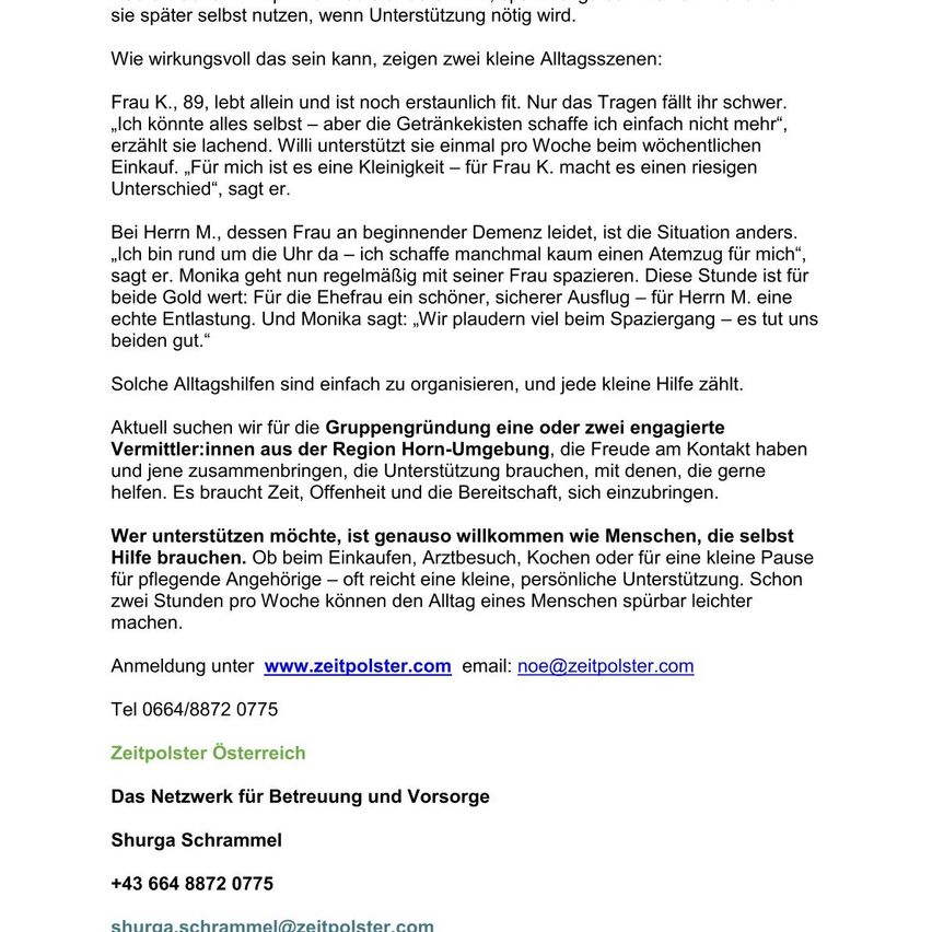 Das Bild zeigt ein Dokument, das die Notwendigkeit von Freiwilligen zur Unterstützung älterer Menschen diskutiert. Es hebt die Vorteile kleiner täglicher Unterstützungsaufgaben hervor und bietet Kontaktdaten für Interessierte an.
