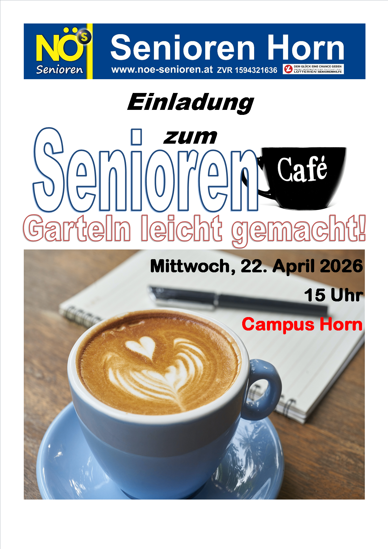 Plakat mit einer Tasse Kaffee mit einem Herzdesign darauf, mit dem Text 'Senioren Cafe'. Die Veranstaltung findet am Mittwoch, 22. April 2026 um 15 Uhr statt. Ort ist Campus Horn.