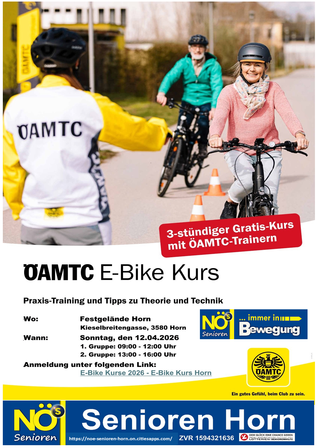Werbeplakat für einen OAMTC E-Bike-Kurs. Teilnehmer üben auf Fahrrädern mit OAMTC-Trainern. Ort: Kieselbreitengasse, 3580 Horn. Datum: 12.04.2026. Zeiten: 09:00 - 12:00 und 13:00 - 16:00. Anmeldung über bereitgestellten Link.