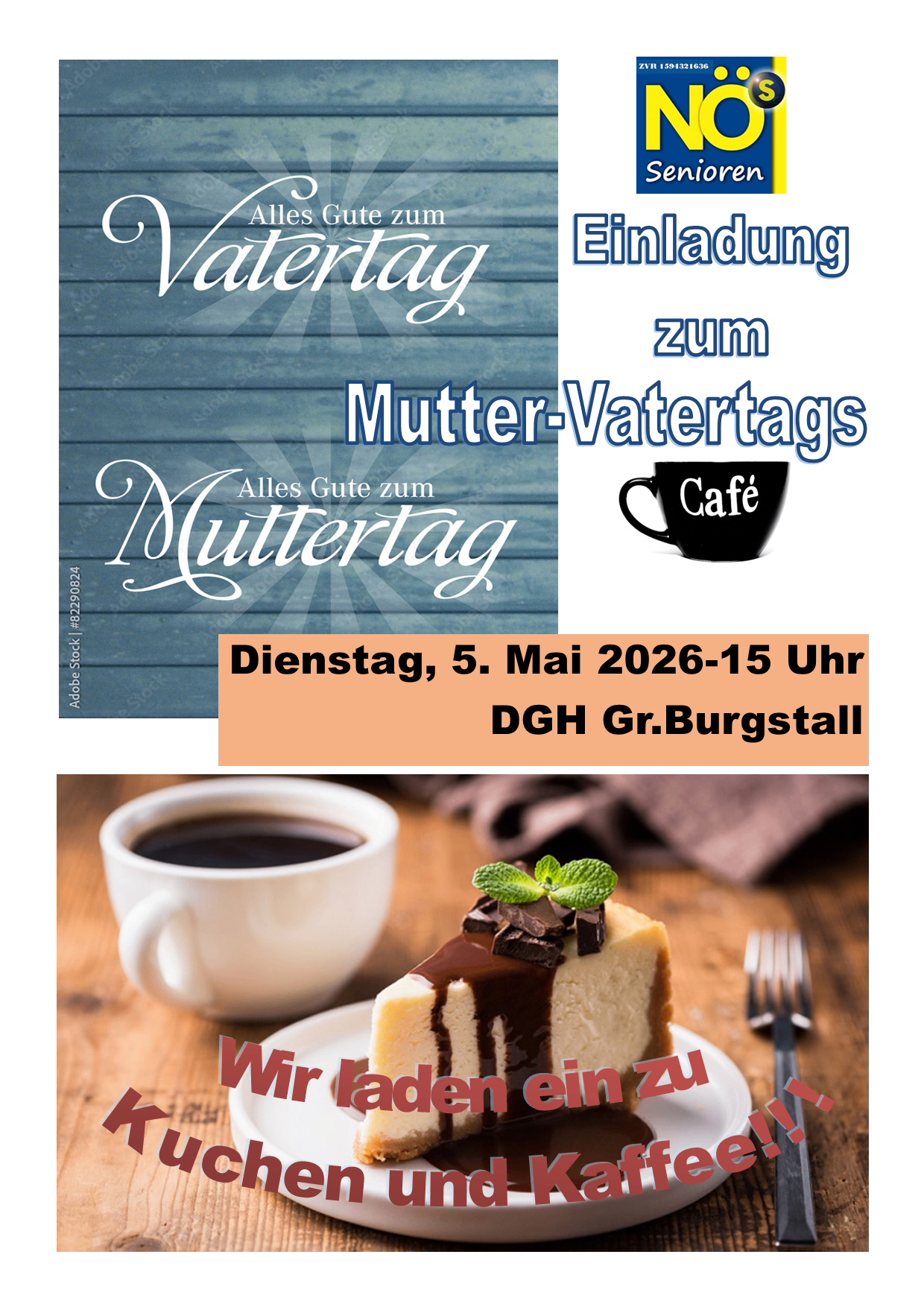 Ein Einladungsposter zum Muttertag. Eine Tasse Kaffee wird mit einem Kuchenstück und einer Gabel gezeigt. Der Plakat zeigt das Datum 5. Mai 2026 an.