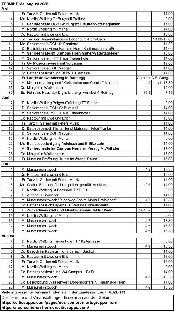 Eine Tabelle mit Daten, Tagen, Veranstaltungen und Kosten für Juni, Juli und August. Veranstaltungen beinhalten Besuche in Cafés, Museen und Wandertouren.