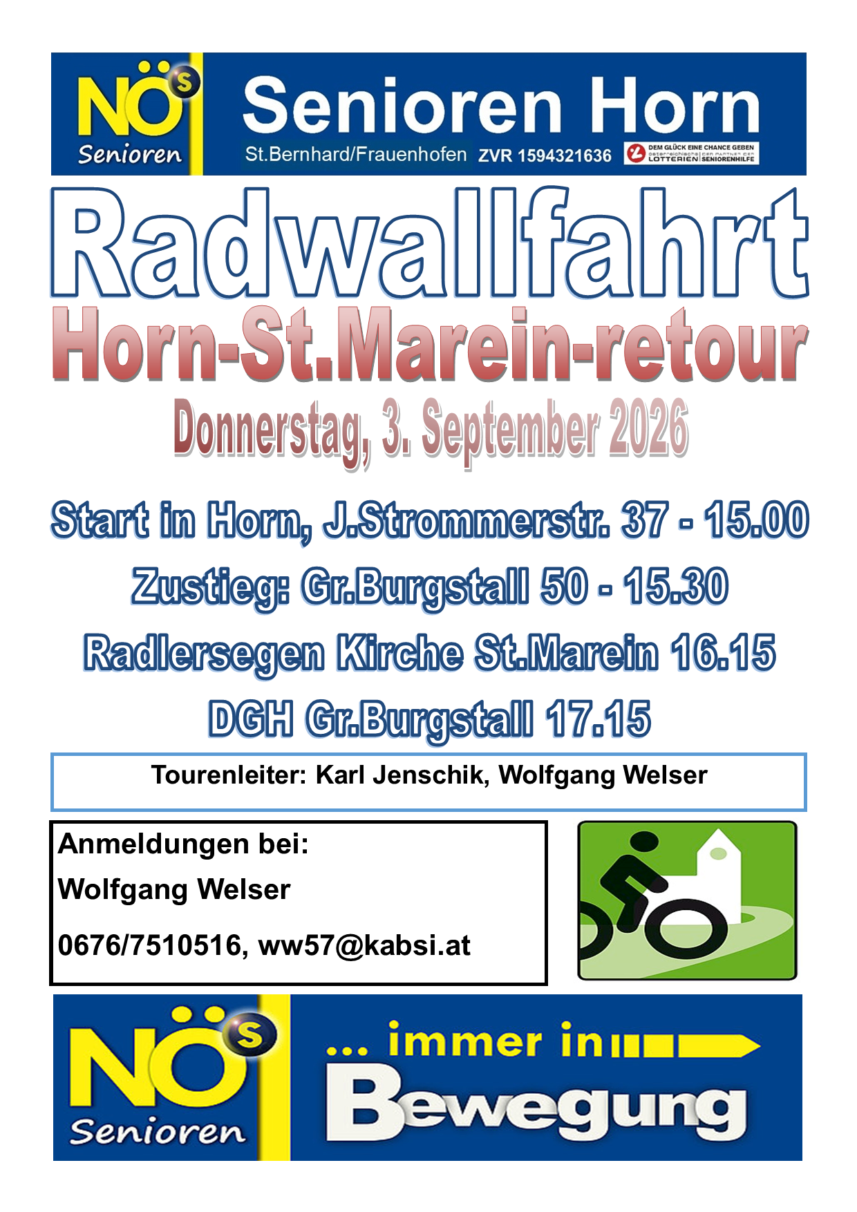 Ein Plakat für die 'Radwallfahrt Horn-St.Marein-retour' Radtour, beginnend am 3. September 2026. Details umfassen Startort, Ankunftszeit und Kontaktinformationen.