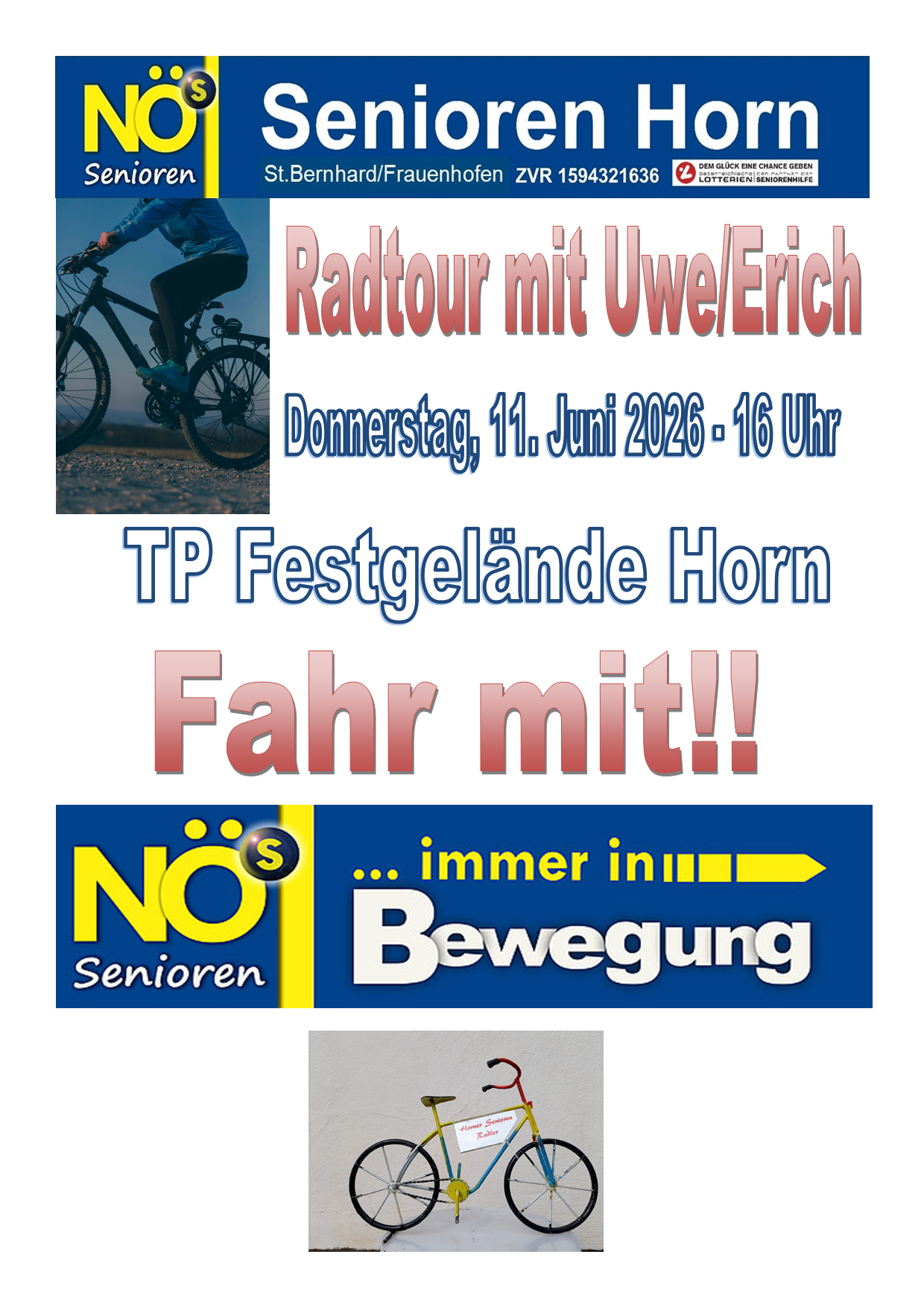 Ein Plakat für eine Fahrradtour mit Uwe und Erich. Die Tour ist für Donnerstag, 11. Juni 2026 um 16 Uhr in TP Festgelände Horn geplant. Das Poster zeigt einen Radfahrer.