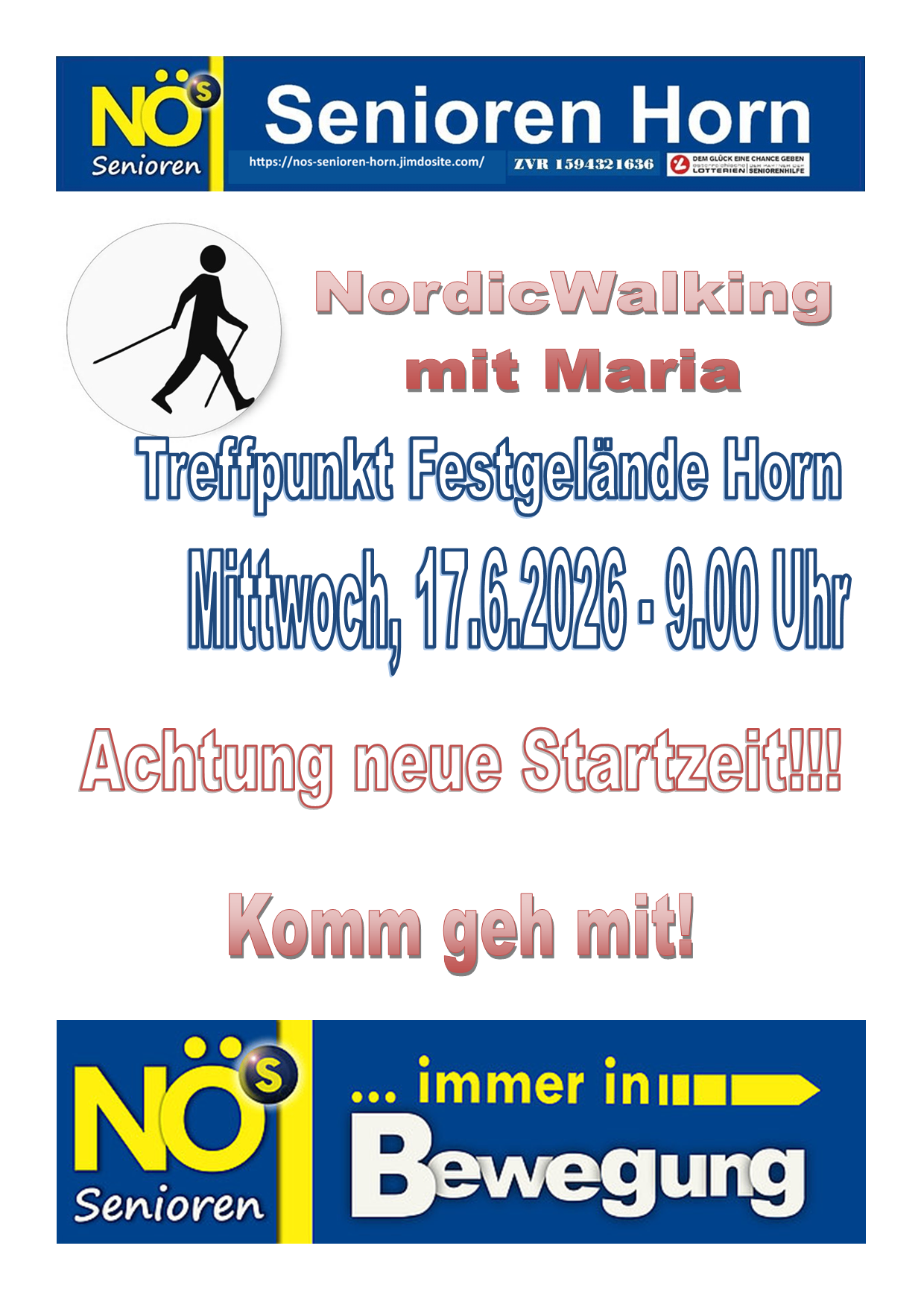 Ein Bild, das Nordic Walking mit Maria fördert. Der Treffpunkt ist am Festgelände Horn. Das Datum ist Mittwoch, 17. Juni 2026, um 9:00 Uhr. Die Startzeit ist neu.
