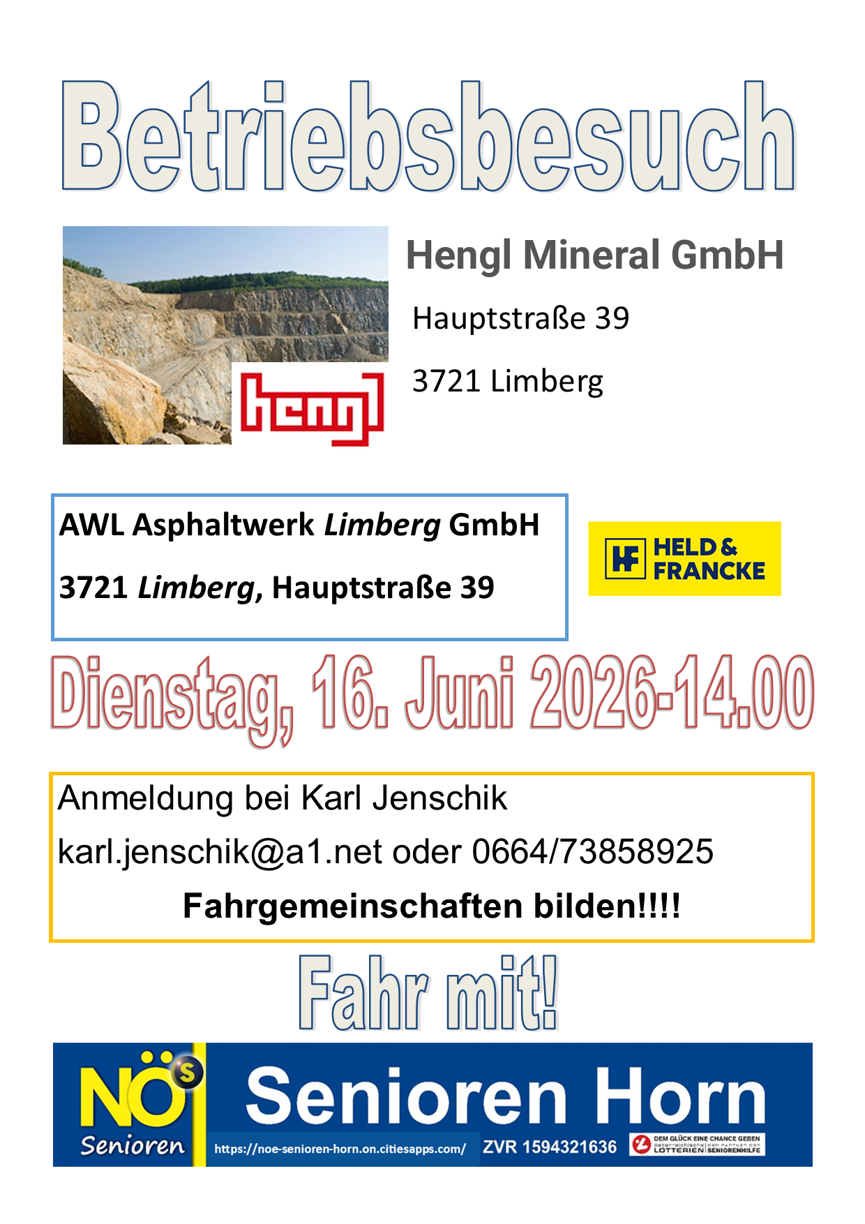 Ein Bild von Hengl Mineral GmbH mit Adresse und Logo. Darunter befindet sich die Adresse AWL Asphaltwerk Limburg GmbH, Kontaktinformationen und ein Zeitplan für Dienstag, 16. Juni 2026. Der Text ermutigt zum Bilden von Fahrgemeinschaften.