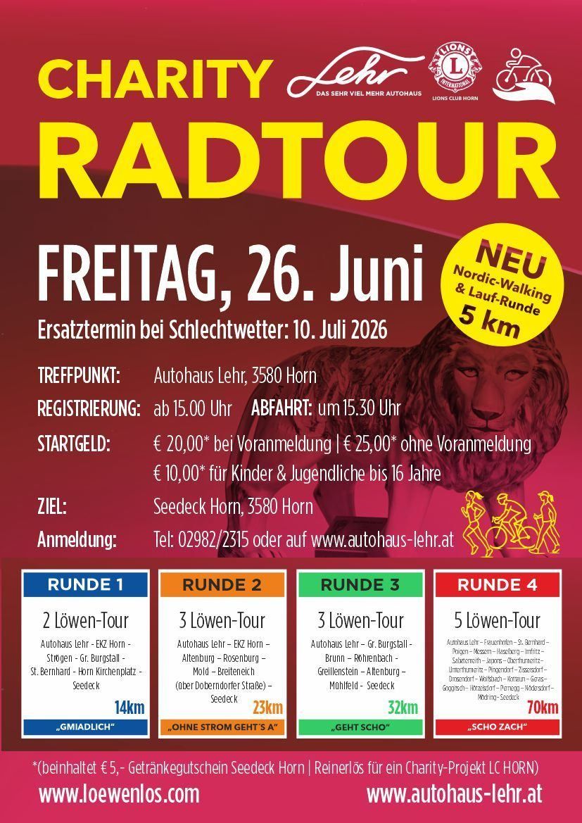Das Plakat bewirbt eine Fahrradtour am Freitag, 26. Juni. Die Anmeldung beginnt um 15 Uhr. Die Tour kostet 20 Euro mit Voranmeldung. Das Ziel ist Seedeck Horn. Es stehen vier Tour-Optionen zur Verfügung.