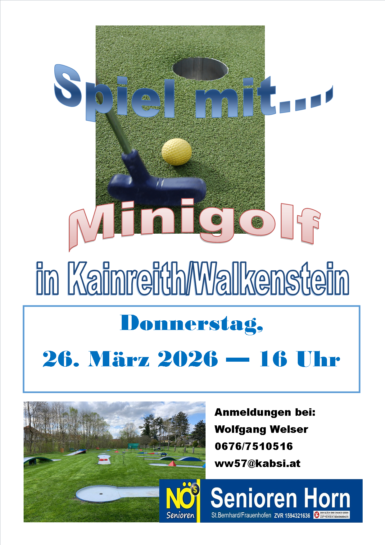 Ein Plakat für eine Minigolf-Veranstaltung in Kailreith/Walkenstein am Donnerstag, 26. März 2026 um 16 Uhr. Anmeldeinformationen werden bereitgestellt.