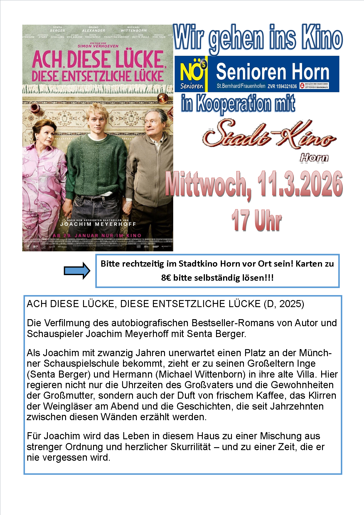 Werbeposter für den Film 'Diese entsetzliche Glück' mit einem Familienfoto und dem Erscheinungsdatum. Die Filmsynopse beschreibt Joachim, einen jungen Schauspieler, der in das Haus seiner Großeltern zieht.