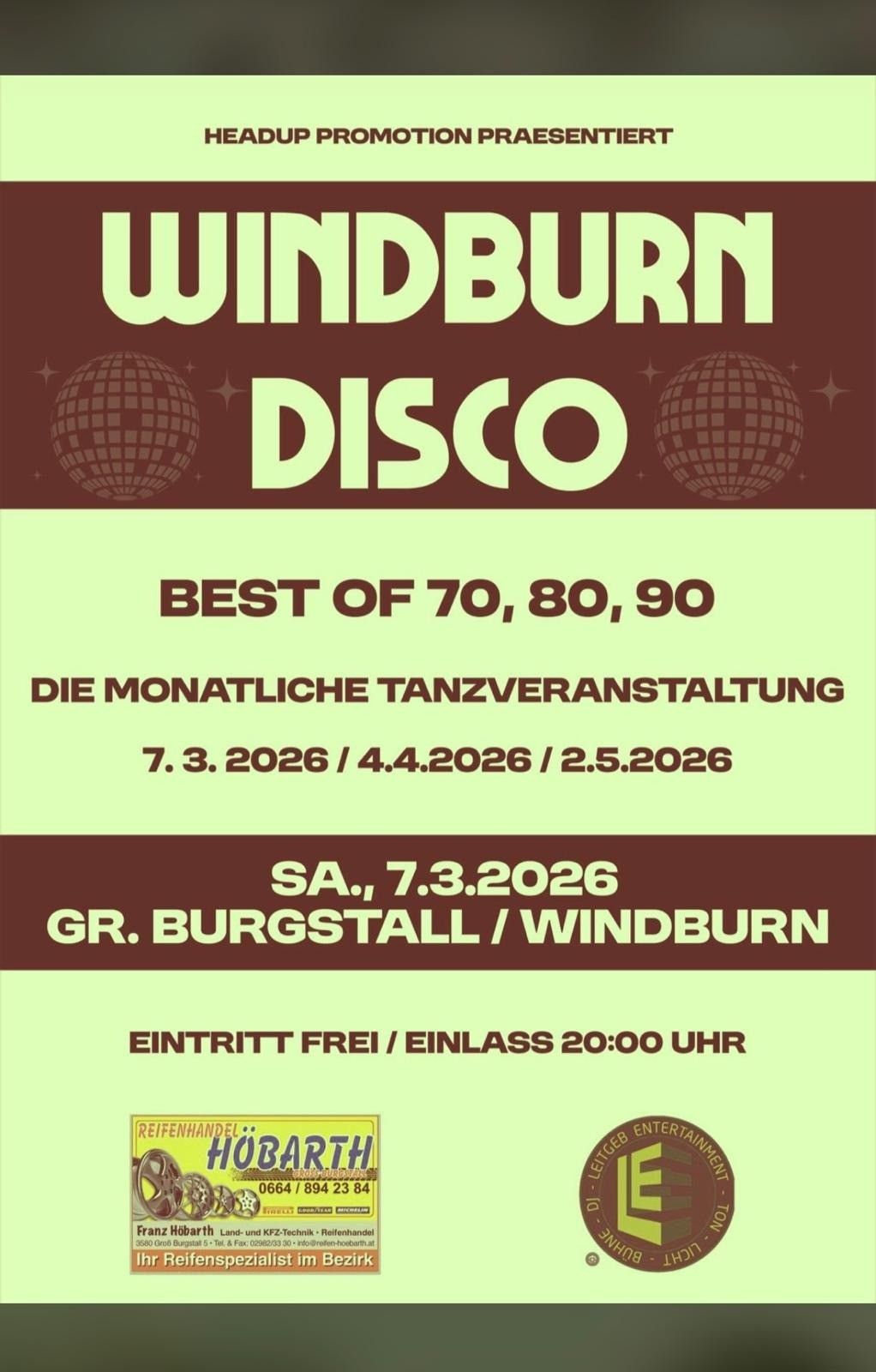 Werbung für Windburn Disco mit den besten Hits der 70er, 80er und 90er. Geplant für 7. März, 4. April und 2. Mai 2026. Eintritt frei/Einlass 20:00 Uhr.