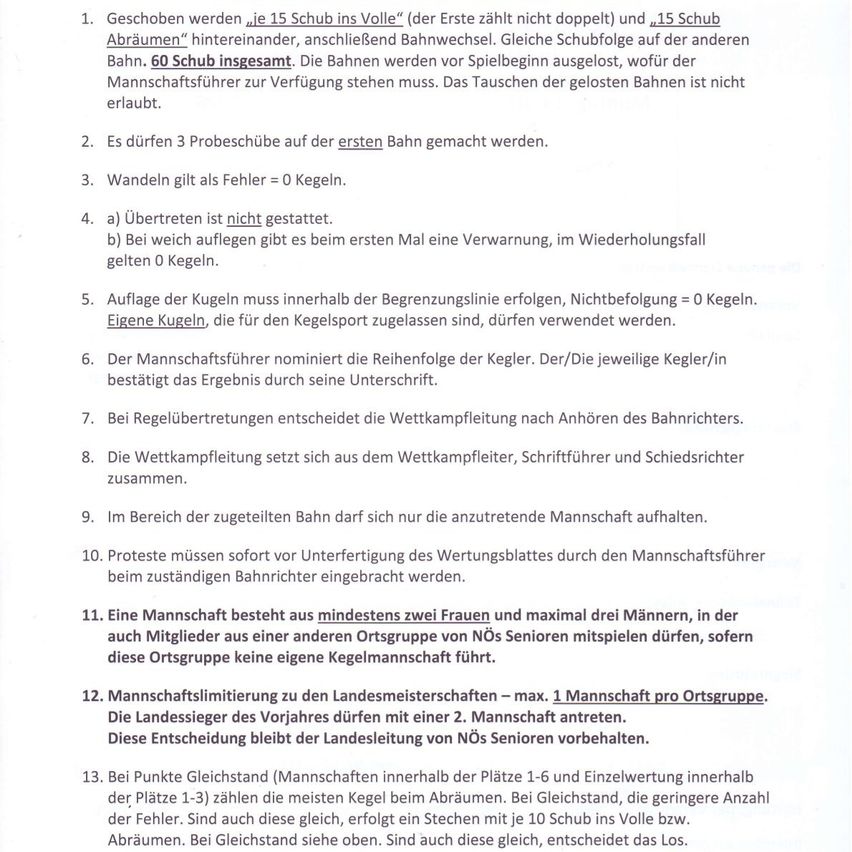 Das Spiel beinhaltet 15 Würfel, wobei der erste Wurf nicht zählt. Bei jedem Wurf den höchsten Würfel entfernen und ersetzen. Die Würfel zwischen den Linien wechseln. Vor Spielbeginn müssen die Würfel verfügbar sein. Das Wechseln der Würfel ist nicht erlaubt. Drei Würfelwürfe sind erlaubt, mit Warnungen und Strafen bei Wiederholungsvergehen. Nur bestimmte Würfel dürfen verwendet werden. Der Mannschaftsführer nominiert die Würfelreihenfolge. Proteste müssen sofort eingelegt werden, sonst geht das Spiel weiter. Eine Mannschaft besteht aus mindestens zwei und maximal drei Spielern, wobei Senioren aus anderen Gruppen ausgeschlossen sind. Teams sind auf eine pro Region begrenzt, mit Entscheidungen durch Senioren. Bei Gleichstand werden zusätzliche Würfel geworfen, bis ein Unterschied erreicht ist.
